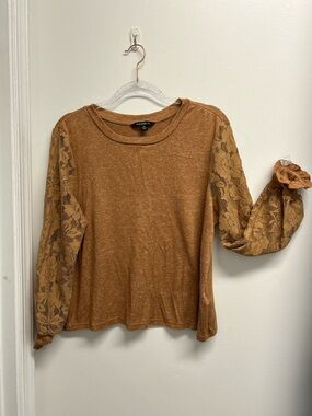 Zac & Rachel Rust Brown Lace Sleeve Crewneck Sweater